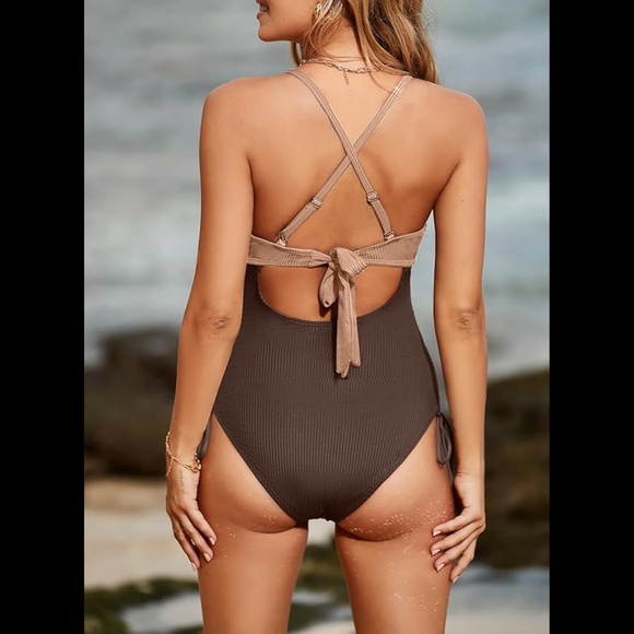 Women's Ribbed V Neck Criss Cross Monokini One Piece Bathing Suit - Picture 2 of 6